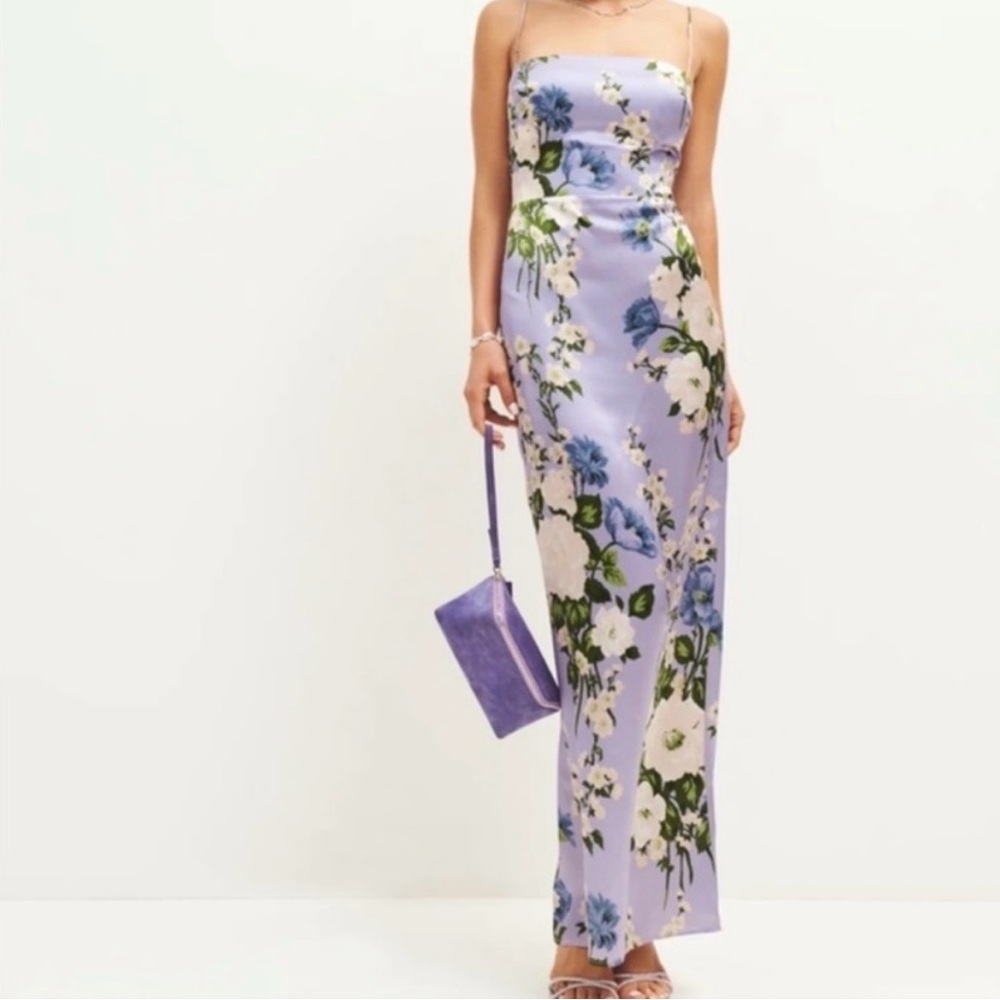 Reformation Frankie Silk Dress Lilac Floral Size 4 - Picture 2 of 5